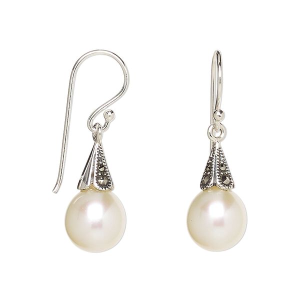 Earring, Signity® marcasite (natural) / cultured freshwater pearl / antiqued sterling silver, mauve, 31x8.5mm with 8x5mm cone and 10x8.5mm teardrop with fishhook ear wire. Sold per pair. image number 0