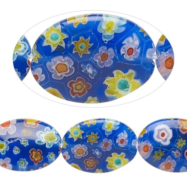 Bead, millefiori glass, translucent blue and multicolored, 17x13mm-18x13mm puffed oval. Sold per 14-inch strand. image number 0