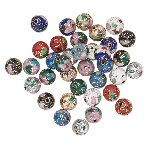 Bead mix, cloisonné, enamel with gold-finished and silver-plated copper, multicolored, 10mm round with flower and leaves. Sold per pkg of 36. image number 0