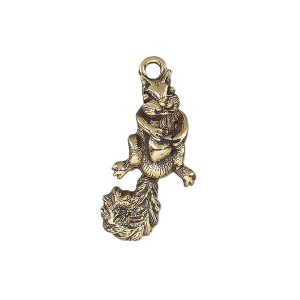 Charm, antique gold-plated pewter (tin-based alloy), 26x12.5mm single-sided squirrel with moving head and tail. Sold individually. image number 0