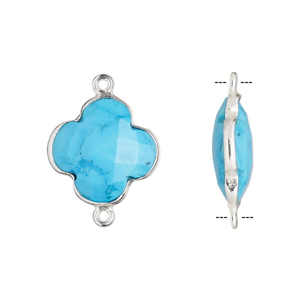 Link, "turquoise" (imitation) resin and sterling silver, blue, 16-17mm hand-cut double-sided faceted clover. Sold individually. image number 0