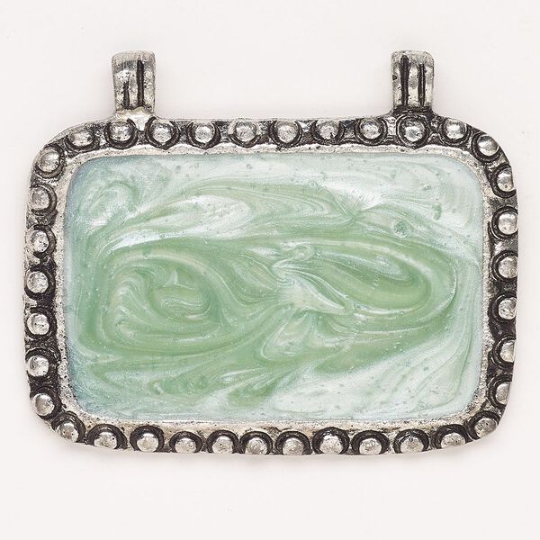 Focal "pewter" zinc-based alloy resin 1pk 62x15mm beaded rectangle swirl, antique silver finish and green image number 0