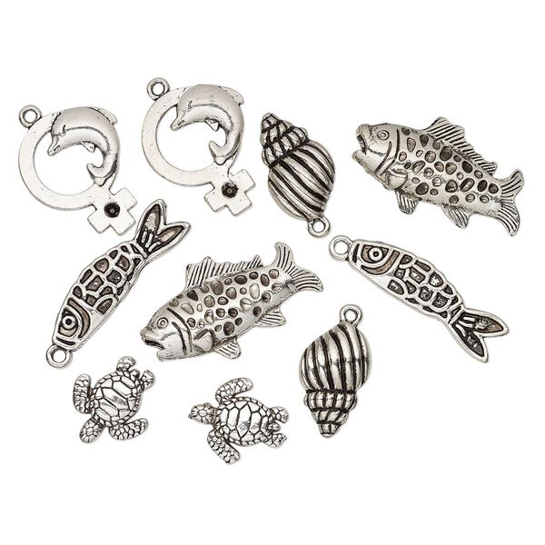 Bead and charm, antique silver-plated "pewter" (zinc-based alloy), 18x16mm-34x20mm assorted sea creature. Sold per pkg of 10. image number 0