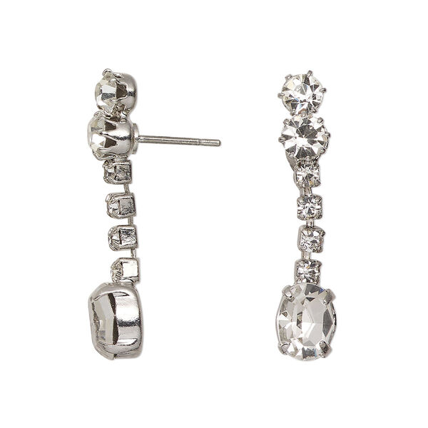 Earstud, imitation rhodium-finished stainless steel and glass, clear, 30mm dangle. Sold per pair. image number 0