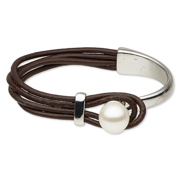 Bracelet, 4-strand, leather (dyed) / plastic / rhodium-plated "pewter" (zinc-based alloy), dark brown and white, 7mm wide, 6-1/2 inches with 13mm round button clasp. Sold individually. image number 0