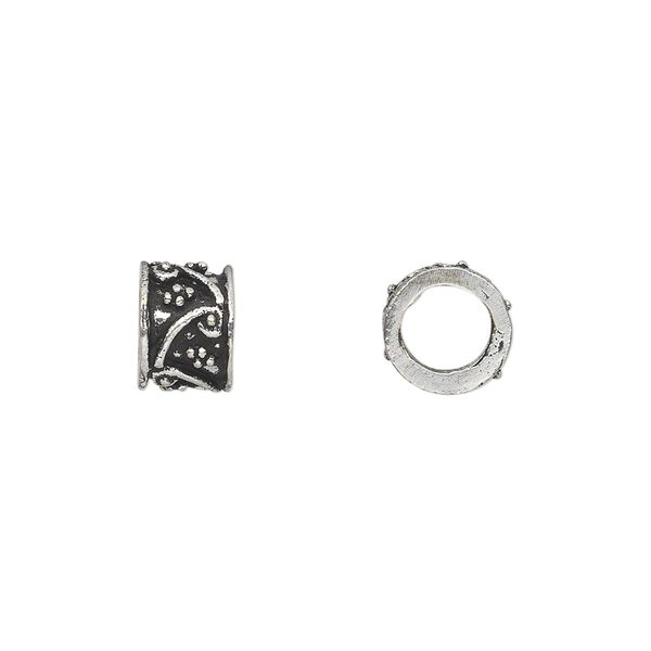 Bead, antique silver-plated white brass, 9x7mm fancy tube with dot and swirl accents, 5mm hole. Sold per pkg of 4. image number 0