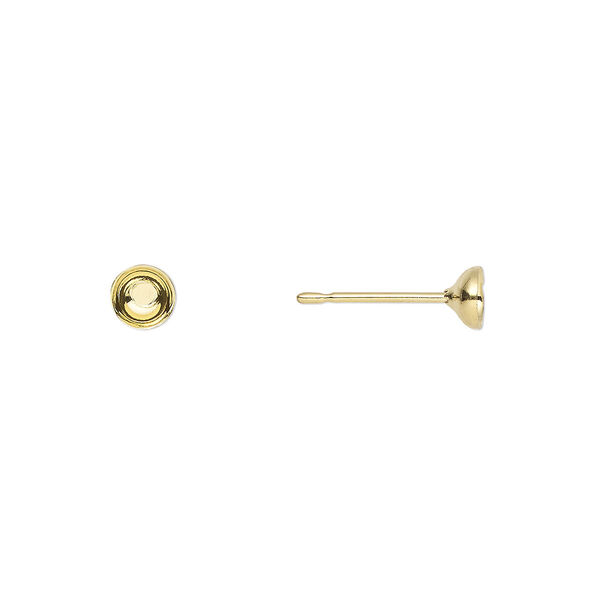 Earstud, gold-plated stainless steel, 4mm cup, fits 4-6mm bead. Sold per pkg of 50 pairs. image number 0