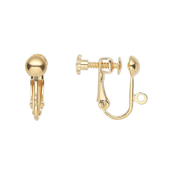 Earring clip-on 1pkg100 gold-plated, 15mm hinged screwback / 5mm half-ball / open loop, brass 50 pair image number 0