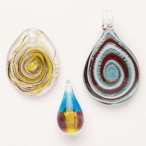 Random focal mix, lampworked glass, opaque mixed colors with silver-colored foil and copper-colored glitter, 33x18mm-61x40mm top-drilled teardrop. Sold per pkg of 3. image number 0
