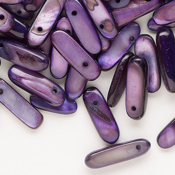 Bead, mother-of-pearl shell (dyed), purple, 13x4mm-18x7mm top-drilled stick, Mohs hardness 3-1/2. Sold per pkg of 200. image number 0