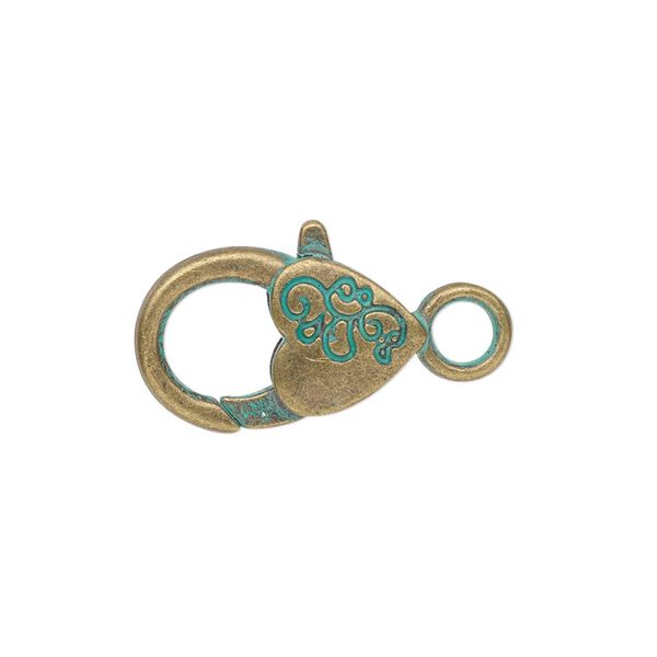 Clasp, lobster claw, antique brass-plated "pewter" (zinc-based alloy), green patina, 19.5x12.5mm double-sided heart with swirl design. Sold per pkg of 6. image number 0