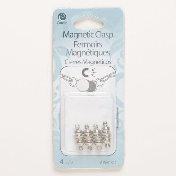 Clasp, magnetic, brass, pkg/4, silver finish, 11x6mm double cone barrel. image number 0