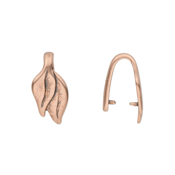 Bail, JBB Findings, ice-pick, antique copper-plated pewter (tin-based alloy), 18x9mm single-sided double leaf with 11mm grip length. Sold per pkg of 2. image number 0