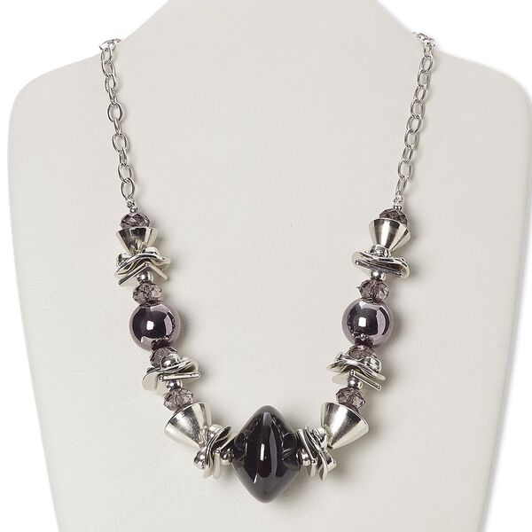 Necklace, acrylic / porcelain / silver- / gunmetal-coated plastic / silver-plated steel / brass, black, 41x28mm double cone, 23 inches with 2-inch extender chain and lobster claw clasp. Sold individually. image number 0