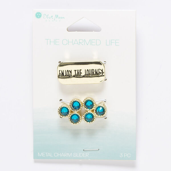 Slide mix, glass / gold- / antique gold-finished "pewter" (zinc-based alloy), aqua blue, (1) 27x13mm rounded rectangle with "ENJOY THE JOURNEY," and (2) 15mm rounded triangle, 10x2mm hole. Sold per pkg of 3. image number 0