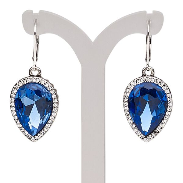 Earring, glass rhinestone / glass / imitation rhodium-plated brass / "pewter" (zinc-based alloy), sapphire blue and clear, 42mm with teardrop and leverback ear wire. Sold per pair. image number 0