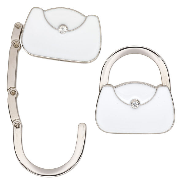 Purse hanger, epoxy / glass / nickel-plated "pewter" (zinc-based alloy), white and clear, 48x43mm foldable purse. Sold individually. image number 0