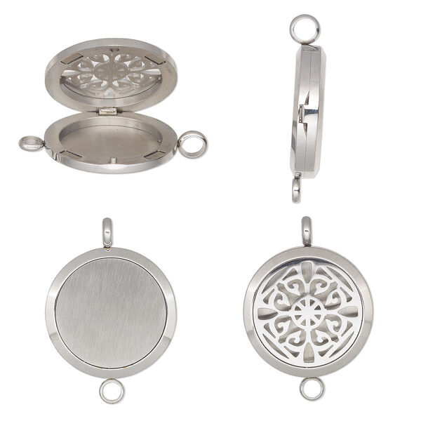 Pendant, stainless steel, 37x30mm single-sided hinged round locket with cutout fancy flower design and magnetic closure with loop. Sold individually. image number 0