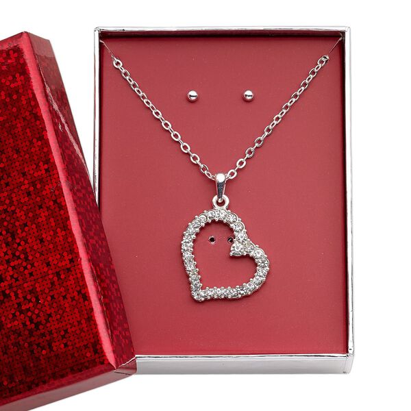 Necklace and earring set, glass rhinestone / silver-finished brass / steel / "pewter" (zinc-based alloy), clear, 24mm heart, 15" to 16" necklace with 3-inch extender chain and lobster claw clasp, 3mm round with post. Sold per set. image number 0