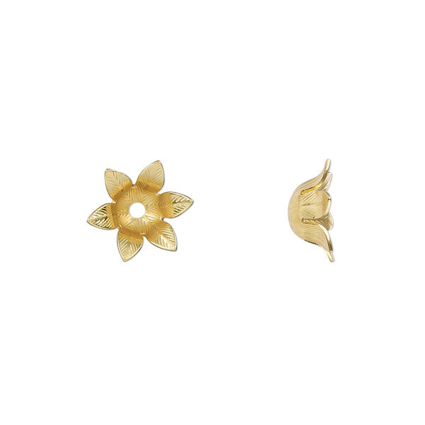 Bead cap, gold-finished copper, 11x4.5mm flower, fits 4-6mm round bead. Sold per pkg of 20. image number 0