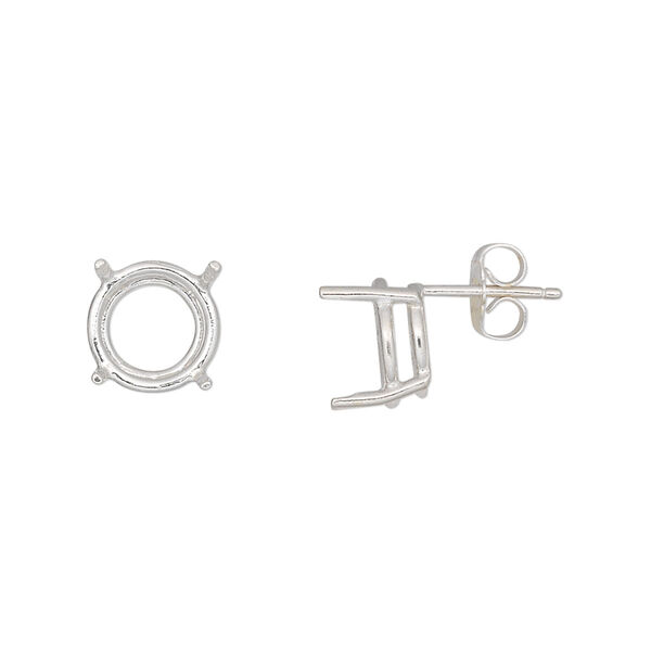 Earstud, Sure-Set™, sterling silver, 10mm with 4-prong round basket setting. Sold per pair. image number 0