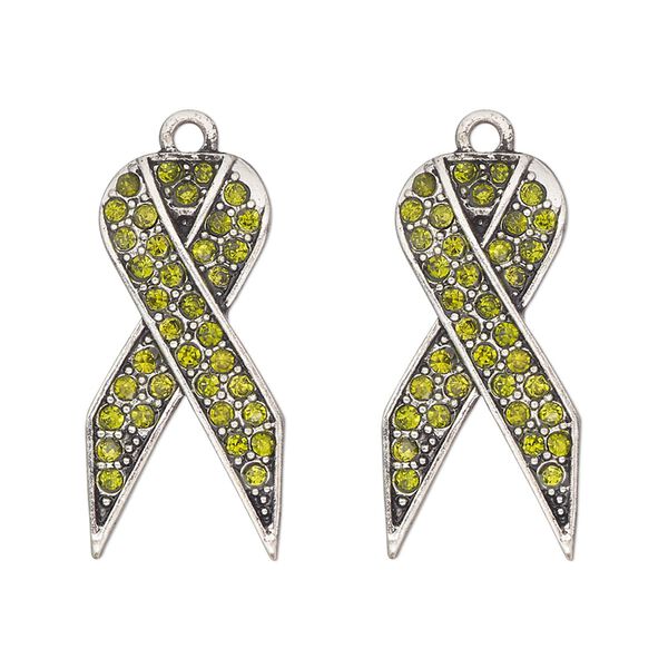 Charm, antique silver-finished "pewter" (zinc-based alloy) and glass, olive green, 27x13mm single-sided awareness ribbon. Sold per pkg of 2. image number 0