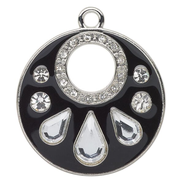 Focal, enamel / acrylic / glass rhinestone / silver-finished "pewter" (zinc-based alloy), clear and black, 39mm round go-go. Sold individually. image number 0