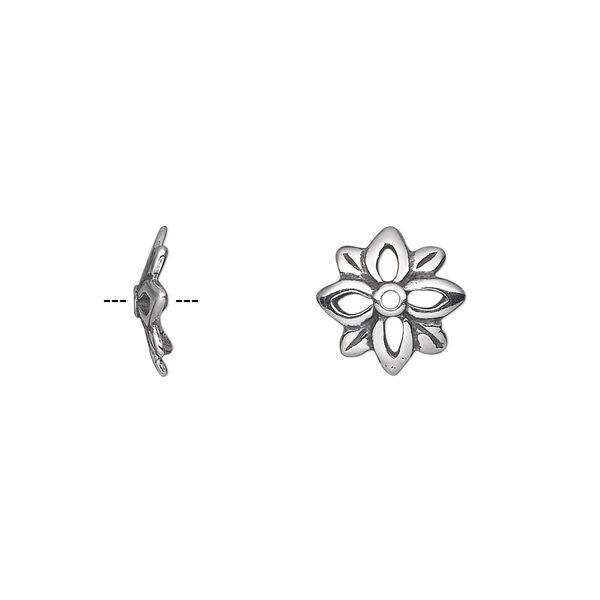 Bead cap, antiqued sterling silver, 10x2.5mm pierced flower, fits 16-18mm bead. Sold per pkg of 2. image number 0