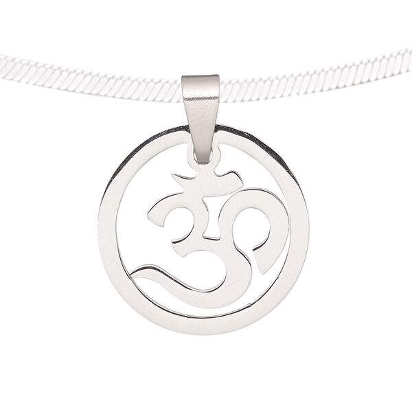 Pendant, stainless steel, 19mm matte and shiny round with Om symbol. Sold individually. image number 0