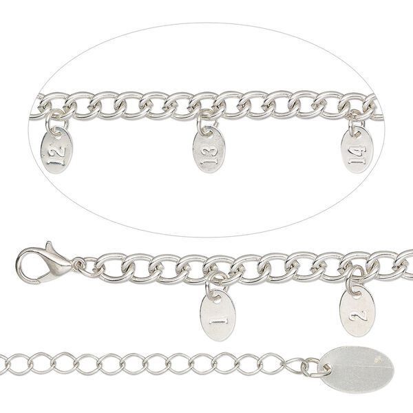 Bracelet measuring chain, silver-finished steel, 5.4mm curb, 14 inches with 9x6mm tags and 3-inch extender chain with lobster claw clasp. Sold individually. image number 0