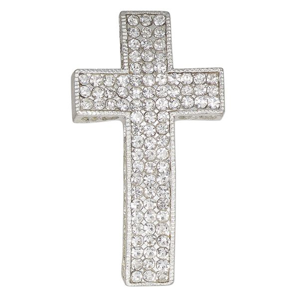 Focal, silver-finished "pewter" (zinc-based alloy) and glass, clear, 48x26mm curved cross with (11) cutout hearts. Sold individually. image number 0