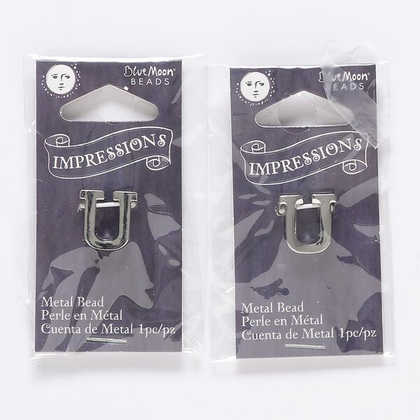 Bead, silver-finished "pewter" (zinc-based alloy), 13mm top-drilled alphabet letter "U" with 2mm hole. Sold per pkg of 2. image number 0