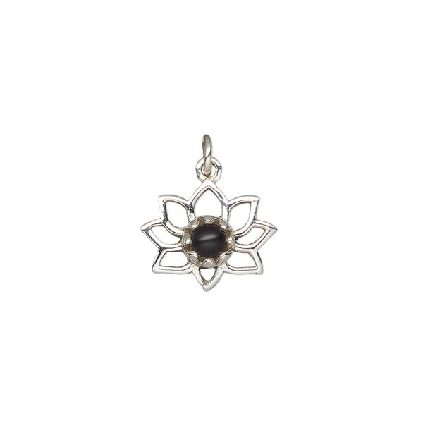 Black onyx / sterling silver 1pkg1, antiqued open lotus drop 14.5x12mm image number 0
