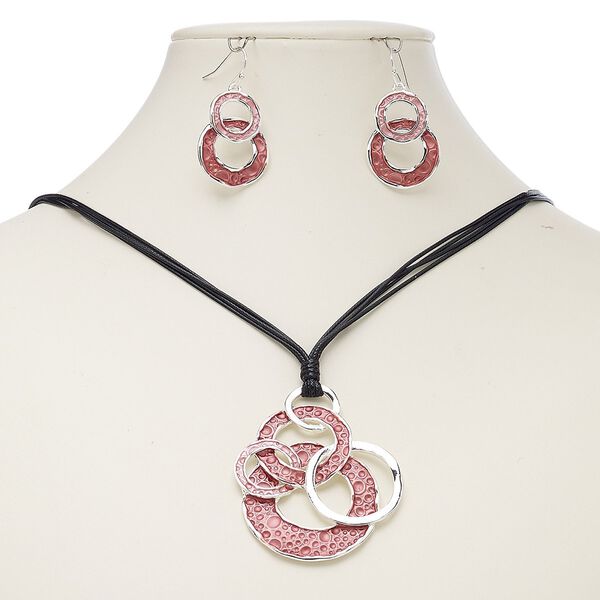 Necklace and earring set, enamel / waxed cotton cord / imitation rhodium-finished steel / brass / "pewter" (zinc-based alloy), black and pink, 54x48mm circles, 18-inch necklace with 2-inch extender chain and lobster claw clasp, 41mm earrings with fishhook ear wire. Sold per set. image number 0