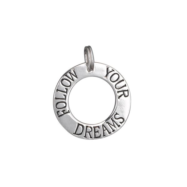 Charm, sterling silver, 19mm single-sided flat open round with stamped split ring "FOLLOW YOUR DREAMS." Sold individually. image number 0