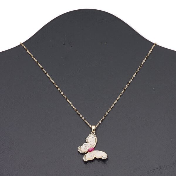 Necklace, Everyday Jewelry, acrylic / crystals / Czech glass rhinestone / gold-finished brass / "pewter" (zinc-based alloy) / steel, champagne / clear / fuchsia, 33x24mm butterfly, 16 inches with 3-inch extender chain and lobster claw clasp. Sold individually. image number 0
