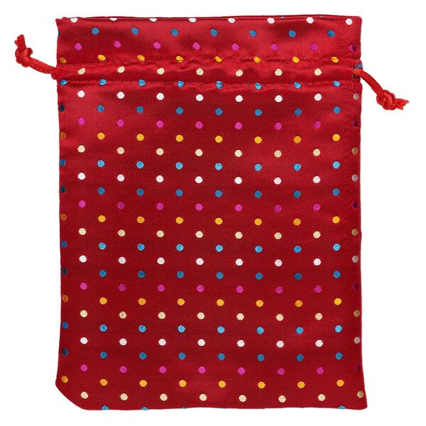 Pouch, nylon, red and multicolored, 7-1/2 x 5-3/4 inches with polka dot design, drawstring closure. Sold individually. image number 0
