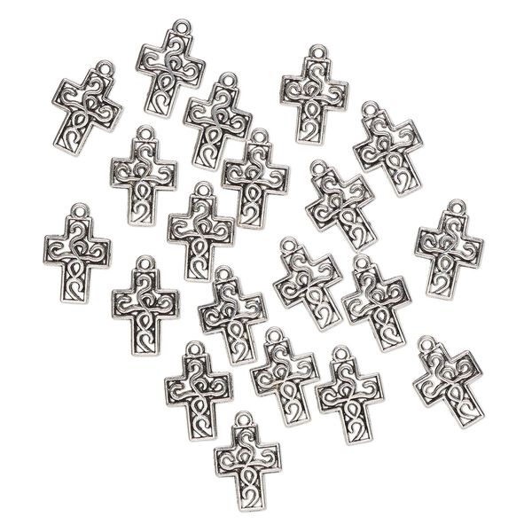 Drop, "pewter" (zinc-based alloy), pkg/20, 19x13mm double-sided cross with curls, antique silver finish. image number 0