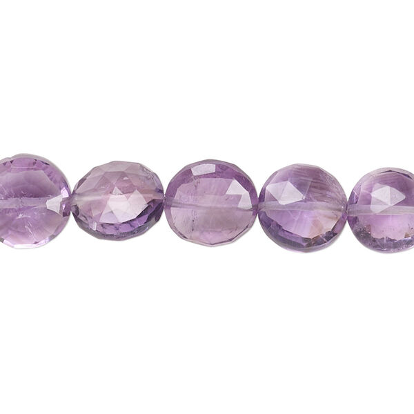 Bead, amethyst (natural), 8-10mm hand-cut faceted flat round with 0.4-1.4mm hole, B grade, Mohs hardness 7. Sold per 6-1/2 inch strand. image number 0