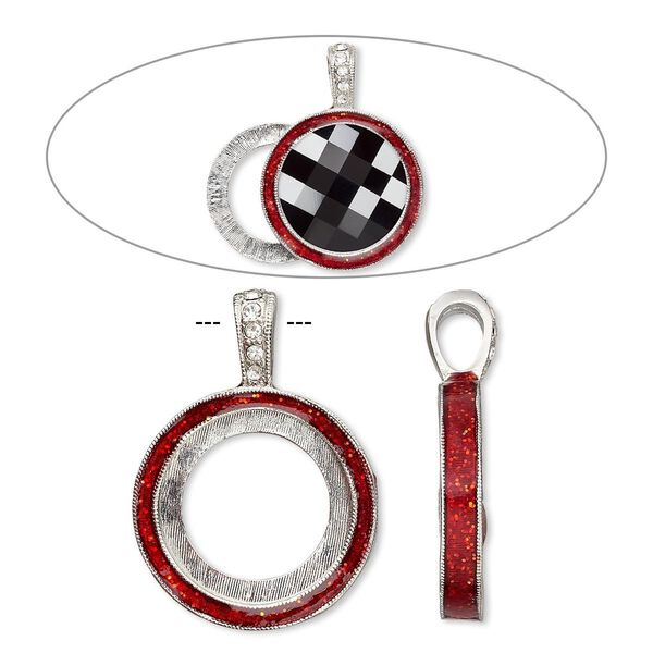 Pendant, Almost Instant Jewelry®, epoxy / crystals / imitation rhodium-finished "pewter" (zinc-based alloy), light Siam red and crystal clear with glitter, 33x24mm single-sided with 20mm round setting. Sold individually. image number 0