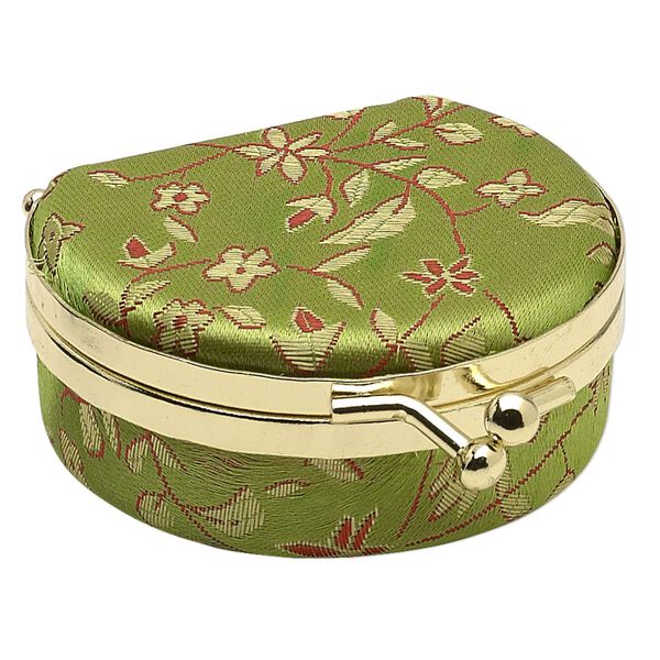 Jewelry box, nylon brocade / velveteen / gold-finished steel, green and multicolored, 2-3/4 x 2-1/4 x 1-1/8 inch hinged 3/4 round with mirror and floral design. Sold individually. image number 0