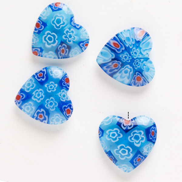 Bead, millefiori glass, pkg/4, translucent multicolored, 18-20mm half-drilled puffed heart. image number 0