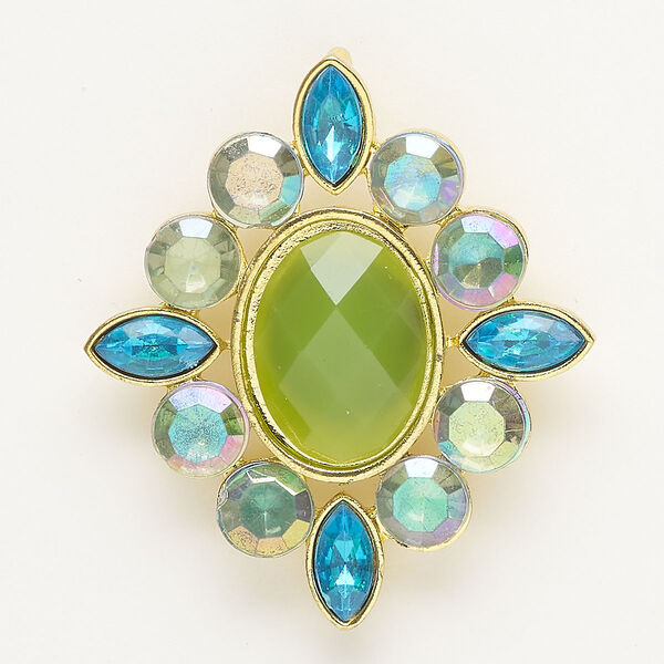 Focal, gold-finished brass and acrylic, blue / green / teal AB, 49x43mm diamond with hidden bail. Sold individually. image number 0