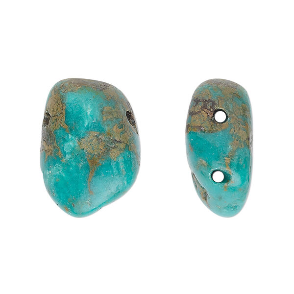 Bead, turquoise (dyed / stabilized), blue, medium double-drilled polished nugget, Mohs hardness 5 to 6. Sold per pkg of 2. image number 0