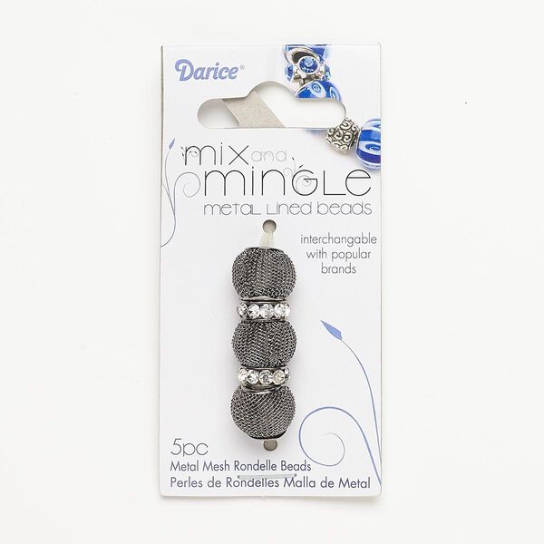 Bead, glass rhinestone with gunmetal-finished steel and "pewter" (zinc-based alloy), clear, 12x4mm rondelle and 14x11mm-14x13mm mesh rondelle, 5mm hole. Sold per pkg of 5. image number 0
