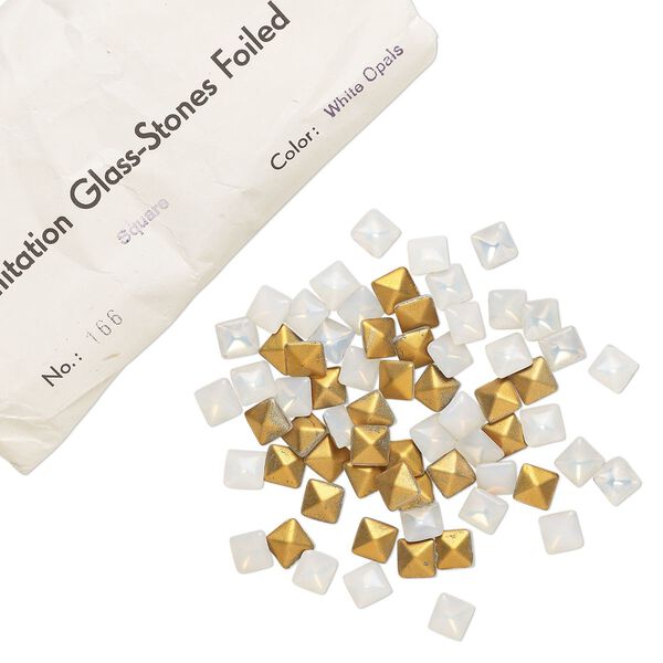 Embellishment, vintage glass, white opal, 8mm faceted square fancy stone. Sold per pkg of 144 (1 gross). image number 0
