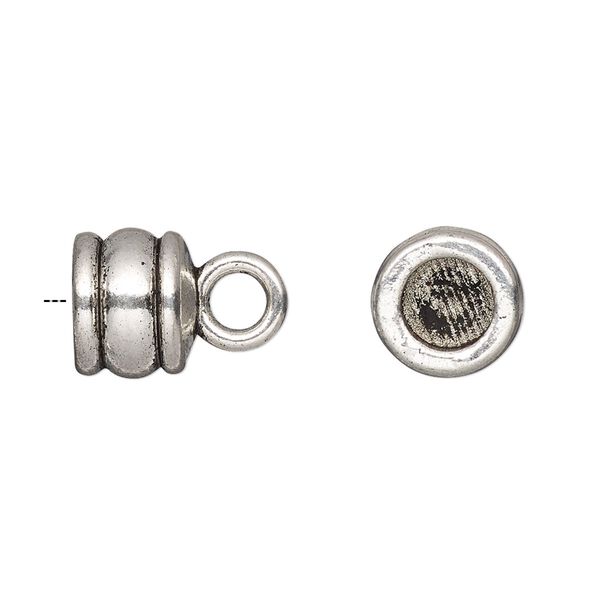 Cord end, glue-in, antique silver-finished "pewter" (zinc-based alloy), 11x9mm ribbed barrel, 6.5mm inside diameter. Sold per pkg of 4. image number 0