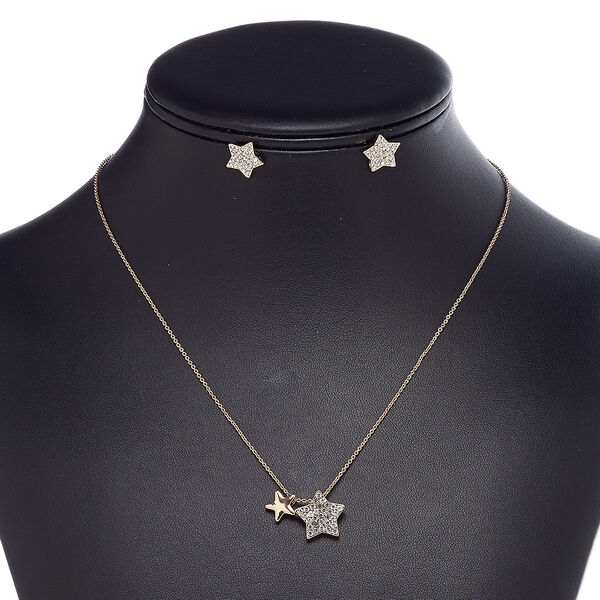 Necklace and earring set, glass rhinestone / rose gold finish steel / brass / "pewter" (zinc-based alloy), clear, 9x9mm and 14x14mm star, 18-inch necklace with 2-inch extender chain and lobster claw clasp, 12x12mm star earrings with post. Sold per set. image number 0