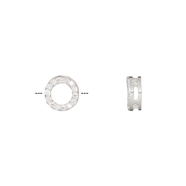 Slide, sterling silver and cubic zirconia, clear, 8mm single-sided open round, 4x1mm hole. Sold individually. image number 0
