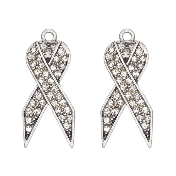 Charm, antique silver-finished "pewter" (zinc-based alloy) and glass, clear, 27x13mm single-sided awareness ribbon. Sold per pkg of 2. image number 0